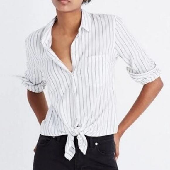 Madewell | Tie Front Rolled Sleeve Darcy Stripe Office Interview - Picture 1 of 5